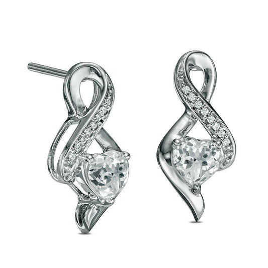 5.0mm Heart-Shaped Lab-Created White Sapphire and Diamond Accent Infinity Drop Earrings in 10K White Gold