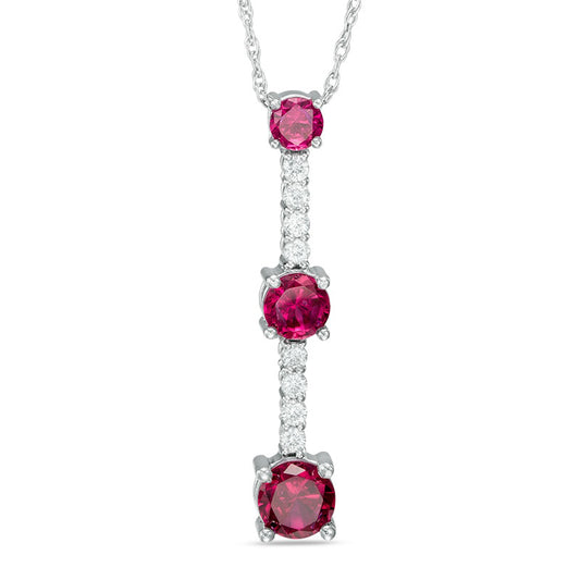 Lab-Created Ruby and White Sapphire Linear Three Stone Pendant in Sterling Silver