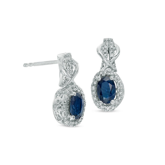 Oval Blue Sapphire and 0.33 CT. T.W. Diamond Frame Drop Earrings in 10K White Gold