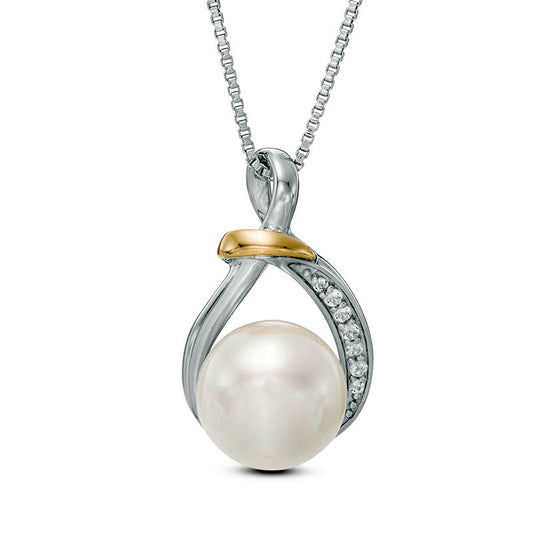 10.0mm Cultured Freshwater Pearl and White Topaz Pendant in Sterling Silver and 14K Gold