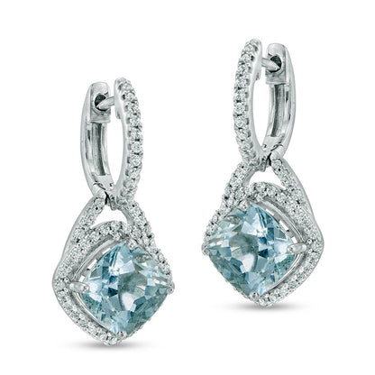 Cushion-Cut Aquamarine and 0.33 CT. T.W. Diamond Frame Drop Earrings in 10K White Gold