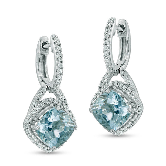 Cushion-Cut Aquamarine and 0.33 CT. T.W. Diamond Frame Drop Earrings in 10K White Gold