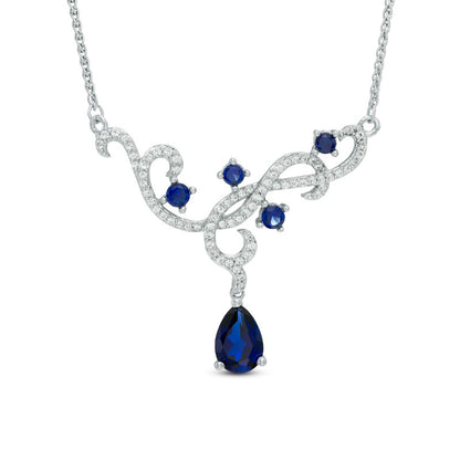 Pear-Shaped Lab-Created Blue and White Sapphire Scroll Necklace in Sterling Silver - 15"