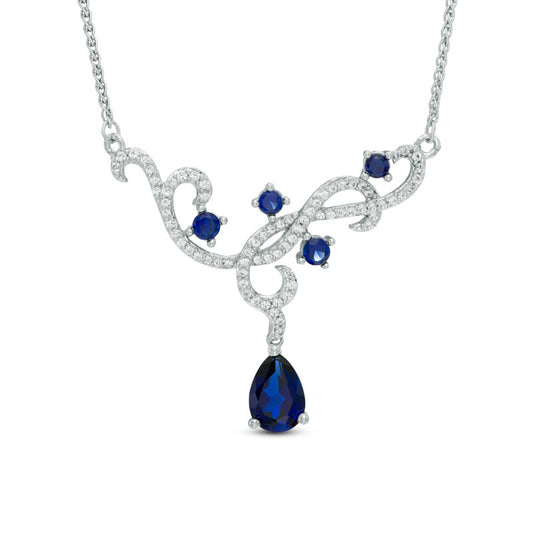 Pear-Shaped Lab-Created Blue and White Sapphire Scroll Necklace in Sterling Silver - 15"