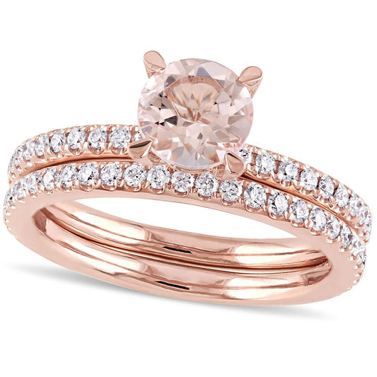 6.5mm Morganite and 0.63 CT. T.W. Natural Diamond Bridal Engagement Ring Set in Solid 14K Rose Gold