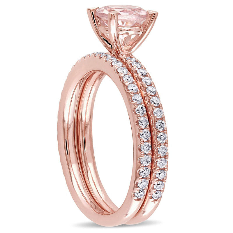 6.5mm Morganite and 0.63 CT. T.W. Natural Diamond Bridal Engagement Ring Set in Solid 14K Rose Gold