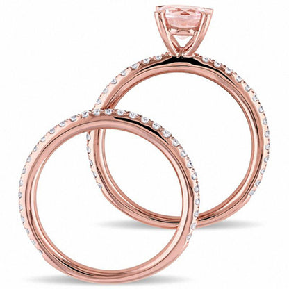 6.5mm Morganite and 0.63 CT. T.W. Natural Diamond Bridal Engagement Ring Set in Solid 14K Rose Gold