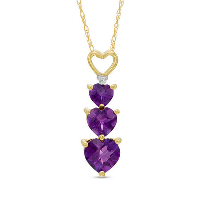 Heart-Shaped Amethyst and Natural Diamond Accent Linear Three Stone Pendant in 10K Yellow Gold