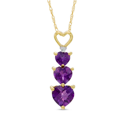 Heart-Shaped Amethyst and Natural Diamond Accent Linear Three Stone Pendant in 10K Yellow Gold