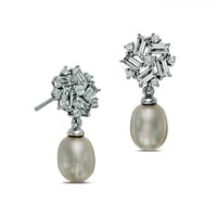 Oval Cultured Freshwater Pearl and White Topaz Cluster Drop Earrings in Sterling Silver