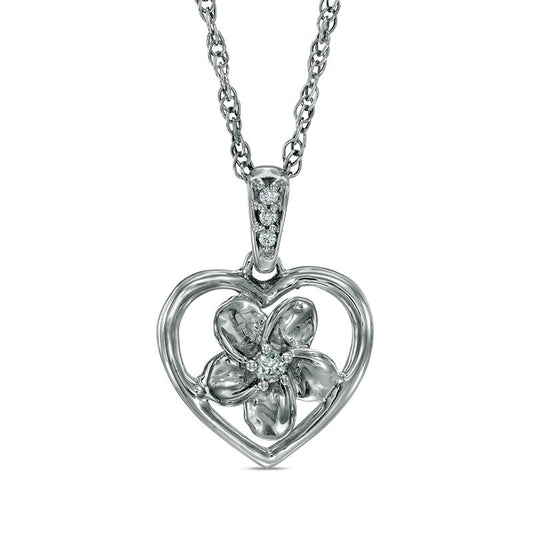 Natural Diamond Accent Heart Frame Flower Pendant in Sterling Silver