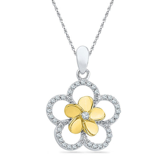 0.17 CT. T.W. Natural Diamond Pinwheel Frame Flower Pendant in Sterling Silver and 10K Yellow Gold