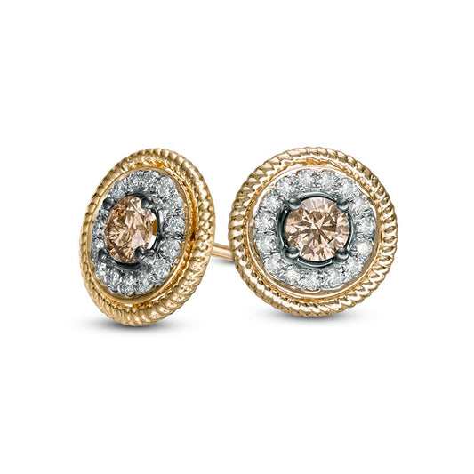 0.75 CT. T.W. Champagne and White Diamond Rope Frame Stud Earrings in 14K Gold