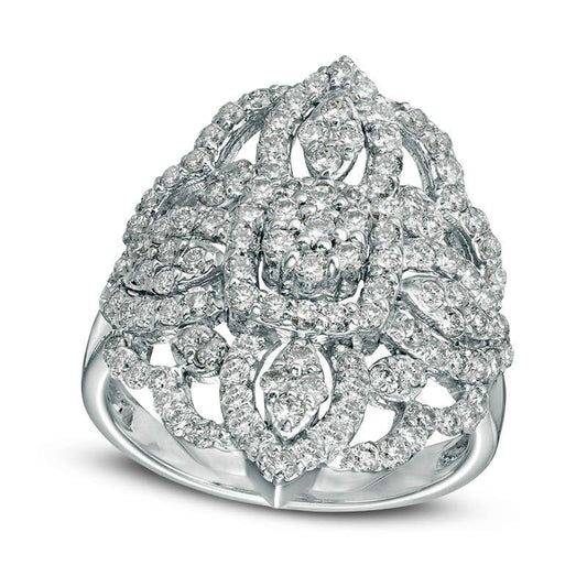 1.25 CT. T.W. Natural Diamond Ornate Flower Ring in Solid 14K White Gold
