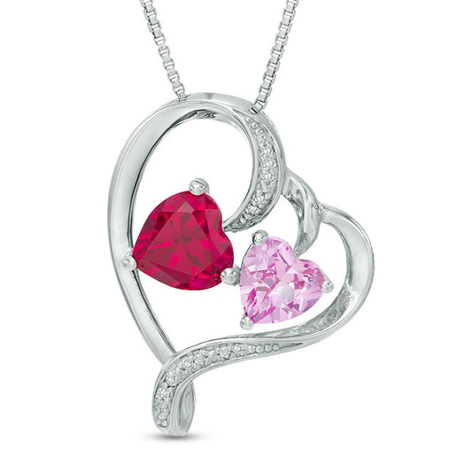 Lab-Created Pink Sapphire, Ruby and Diamond Accent Tilted Heart Pendant in Sterling Silver