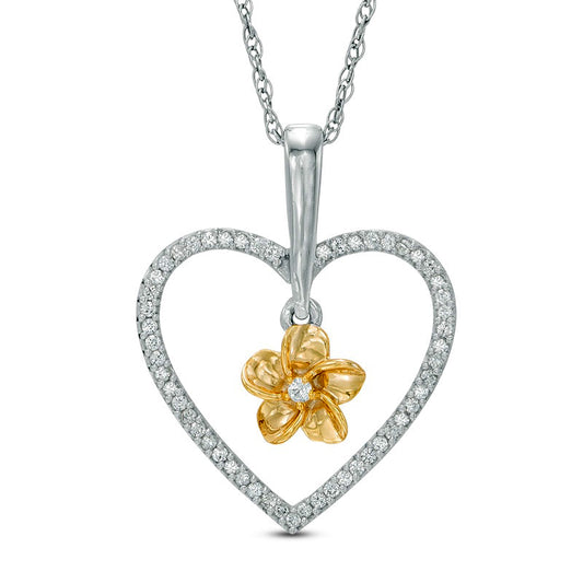 0.2 CT. T.W. Natural Diamond Heart Frame Flower Pendant in Sterling Silver and 10K Yellow Gold