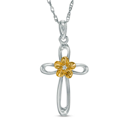 Natural Diamond Accent Looped Cross Flower Pendant in Sterling Silver and 10K Yellow Gold
