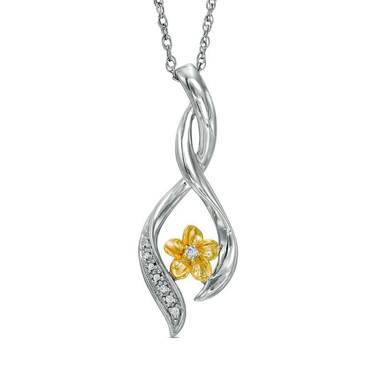 Natural Diamond Accent Twist Ribbon Flower Pendant in Sterling Silver and 10K Yellow Gold