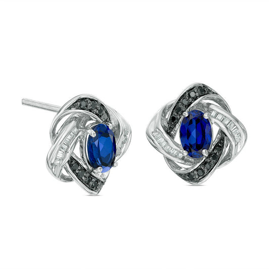 Oval Lab-Created Blue Sapphire and 0.2 CT. T.W. Enhanced Black and White Diamond Orbit Stud Earrings in 10K White Gold