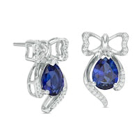 Pear-Shaped Lab-Created Blue Sapphire and 0.13 CT. T.W. Diamond Bow Drop Earrings in Sterling Silver