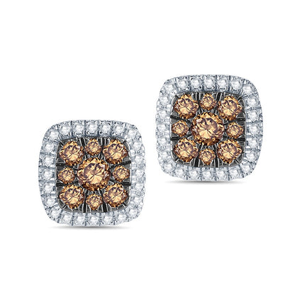 0.5 CT. T.W. Champagne and White Diamond Cushion Frame Stud Earrings in 10K Rose Gold