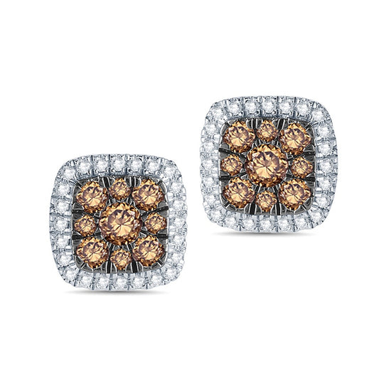 0.5 CT. T.W. Champagne and White Diamond Cushion Frame Stud Earrings in 10K Rose Gold