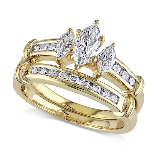 1.0 CT. T.W. Marquise Natural Diamond Three Stone Bridal Engagement Ring Set in Solid 14K Gold