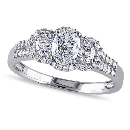 1.0 CT. T.W. Oval Natural Diamond Frame Three Stone Double Row Engagement Ring in Solid 14K White Gold