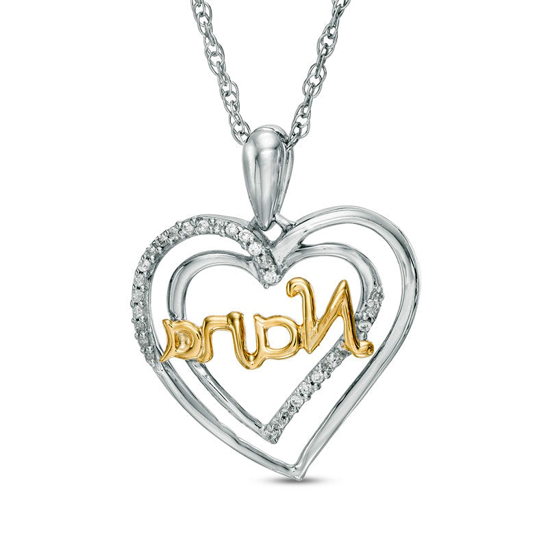 0.07 CT. T.W. Natural Diamond "Nana" Double Heart Pendant in Sterling Silver and 10K Yellow Gold