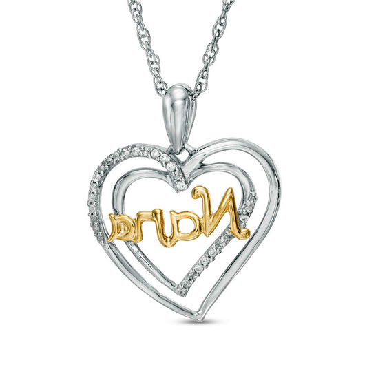 0.07 CT. T.W. Natural Diamond "Nana" Double Heart Pendant in Sterling Silver and 10K Yellow Gold