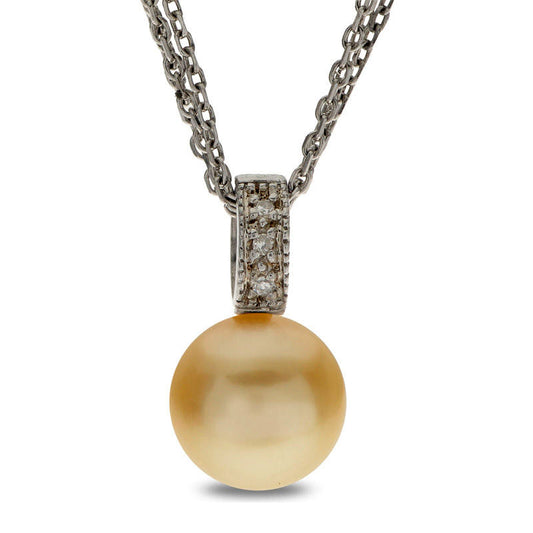 9.0 - 10.0mm Golden Cream Cultured South Sea Pearl and Natural Diamond Accent Pendant in Sterling Silver