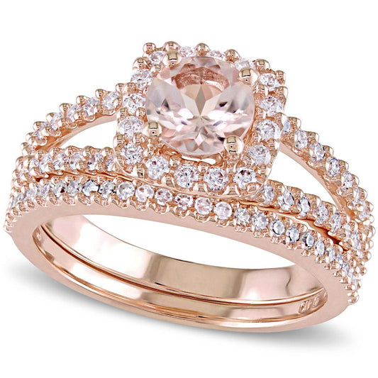 6.0mm Morganite and 0.63 CT. T.W. Natural Diamond Square Frame Split Shank Bridal Engagement Ring Set in Solid 14K Rose Gold