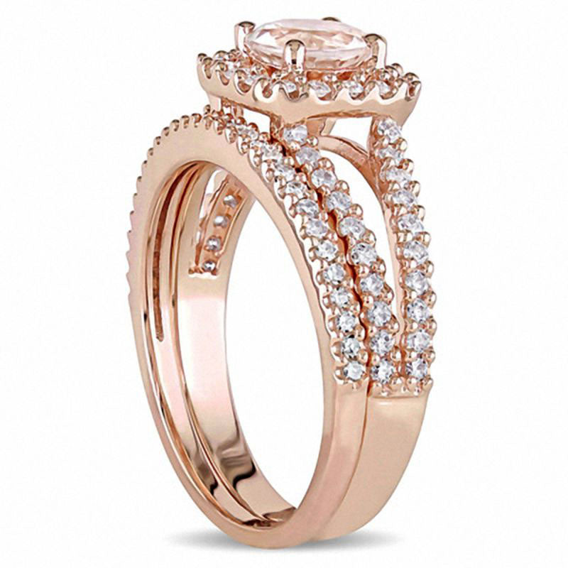 6.0mm Morganite and 0.63 CT. T.W. Natural Diamond Square Frame Split Shank Bridal Engagement Ring Set in Solid 14K Rose Gold