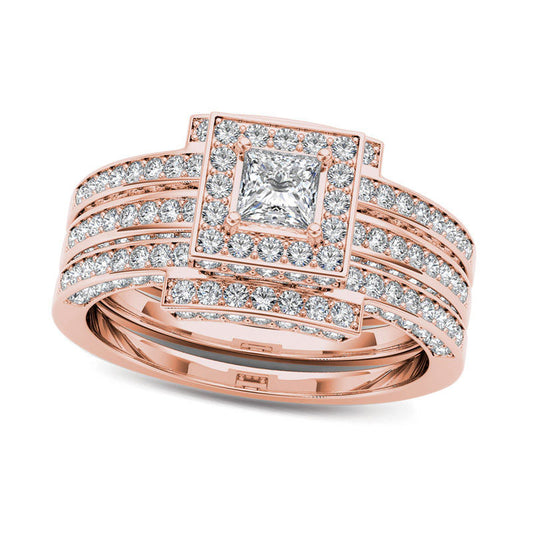 1.38 CT. T.W. Princess-Cut Natural Diamond Frame Three Piece Bridal Engagement Ring Set in Solid 14K Rose Gold