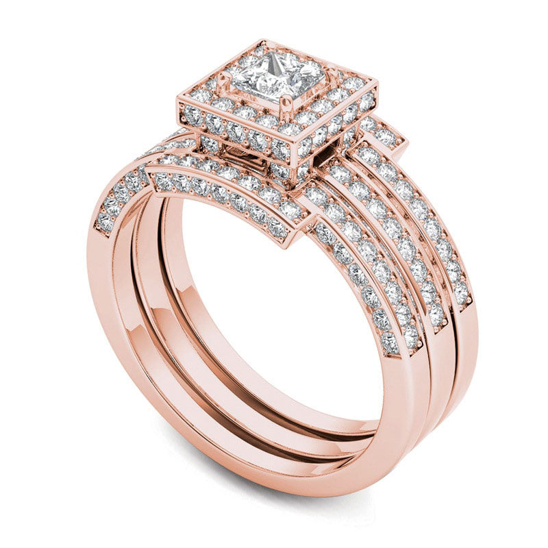 1.38 CT. T.W. Princess-Cut Natural Diamond Frame Three Piece Bridal Engagement Ring Set in Solid 14K Rose Gold