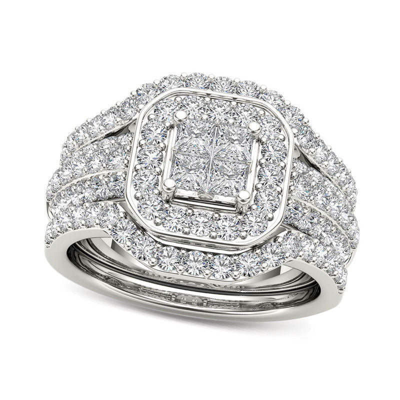 1.75 CT. T.W. Quad Princess-Cut Natural Diamond Frame Three Piece Bridal Engagement Ring Set in Solid 14K White Gold