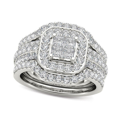 1.75 CT. T.W. Quad Princess-Cut Natural Diamond Frame Three Piece Bridal Engagement Ring Set in Solid 14K White Gold