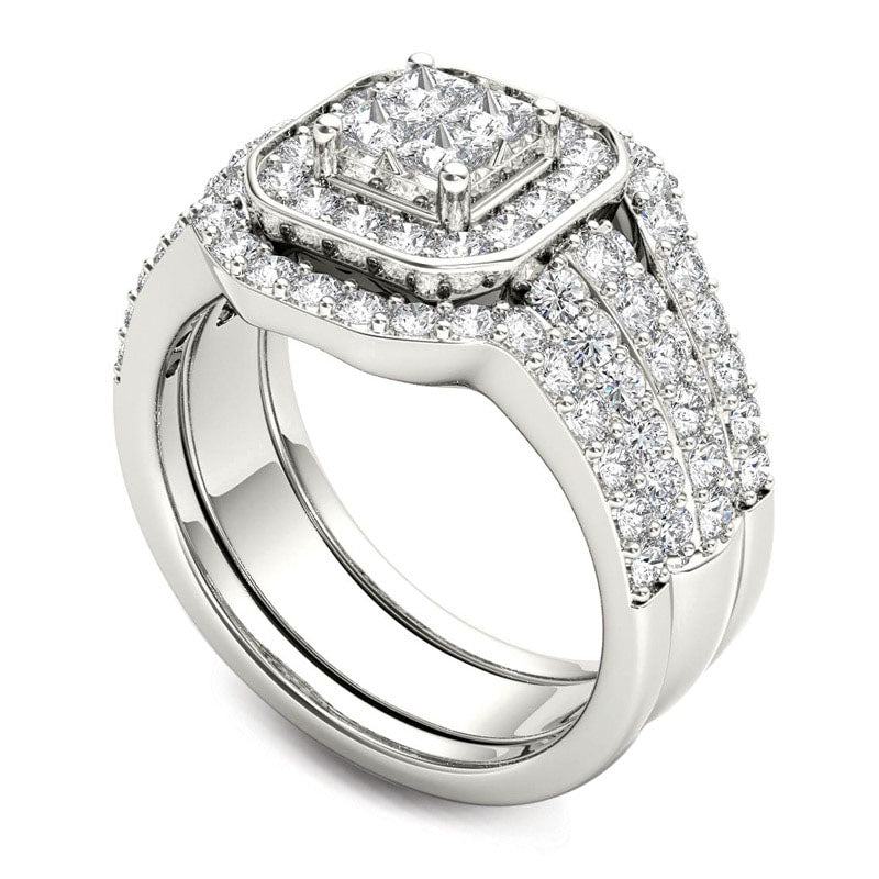 1.75 CT. T.W. Quad Princess-Cut Natural Diamond Frame Three Piece Bridal Engagement Ring Set in Solid 14K White Gold