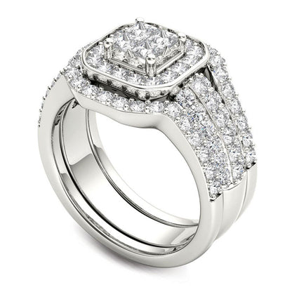1.75 CT. T.W. Quad Princess-Cut Natural Diamond Frame Three Piece Bridal Engagement Ring Set in Solid 14K White Gold