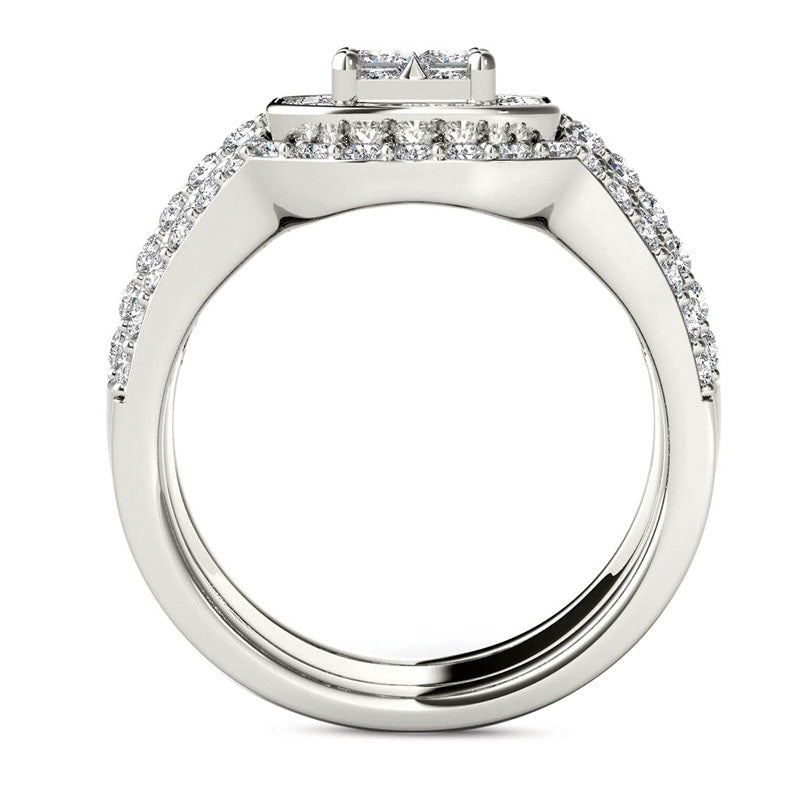 1.75 CT. T.W. Quad Princess-Cut Natural Diamond Frame Three Piece Bridal Engagement Ring Set in Solid 14K White Gold