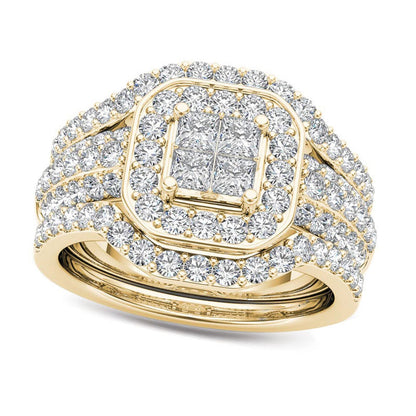 1.75 CT. T.W. Quad Princess-Cut Natural Diamond Frame Three Piece Bridal Engagement Ring Set in Solid 14K Gold