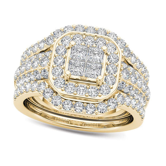 1.75 CT. T.W. Quad Princess-Cut Natural Diamond Frame Three Piece Bridal Engagement Ring Set in Solid 14K Gold