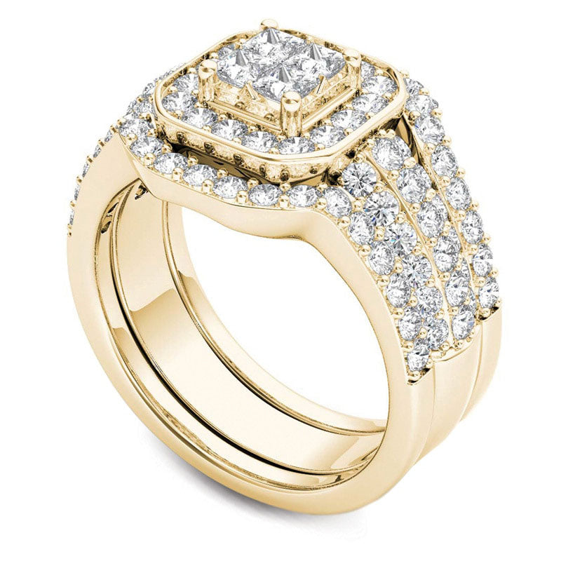 1.75 CT. T.W. Quad Princess-Cut Natural Diamond Frame Three Piece Bridal Engagement Ring Set in Solid 14K Gold