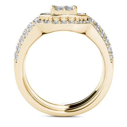1.75 CT. T.W. Quad Princess-Cut Natural Diamond Frame Three Piece Bridal Engagement Ring Set in Solid 14K Gold