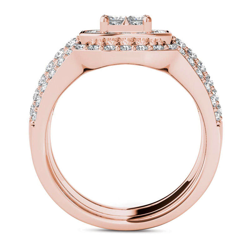 1.75 CT. T.W. Quad Princess-Cut Natural Diamond Frame Three Piece Bridal Engagement Ring Set in Solid 14K Rose Gold