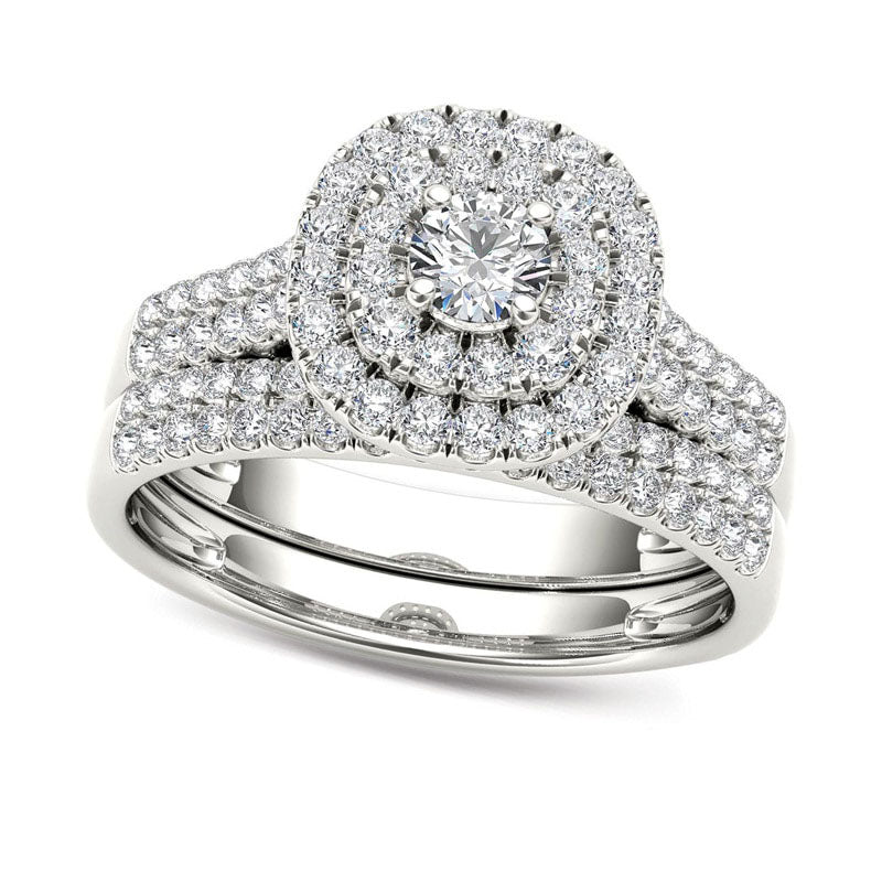 1.0 CT. T.W. Natural Diamond Double Frame Multi-Row Bridal Engagement Ring Set in Solid 14K White Gold