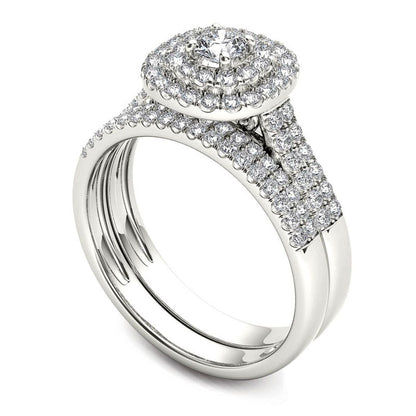 1.0 CT. T.W. Natural Diamond Double Frame Multi-Row Bridal Engagement Ring Set in Solid 14K White Gold