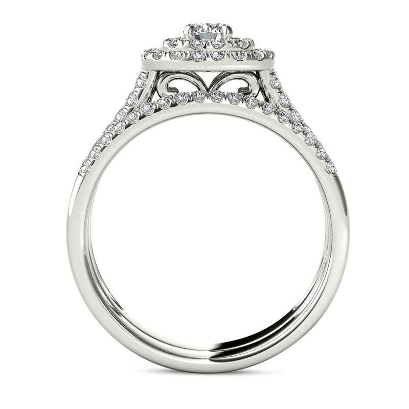 1.0 CT. T.W. Natural Diamond Double Frame Multi-Row Bridal Engagement Ring Set in Solid 14K White Gold