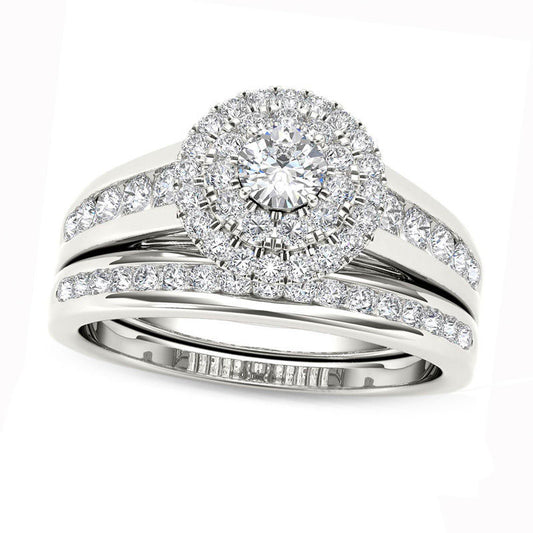 1.0 CT. T.W. Natural Diamond Double Frame Bridal Engagement Ring Set in Solid 14K White Gold
