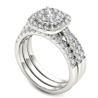 1.0 CT. T.W. Natural Diamond Double Frame Bridal Engagement Ring Set in Solid 14K White Gold